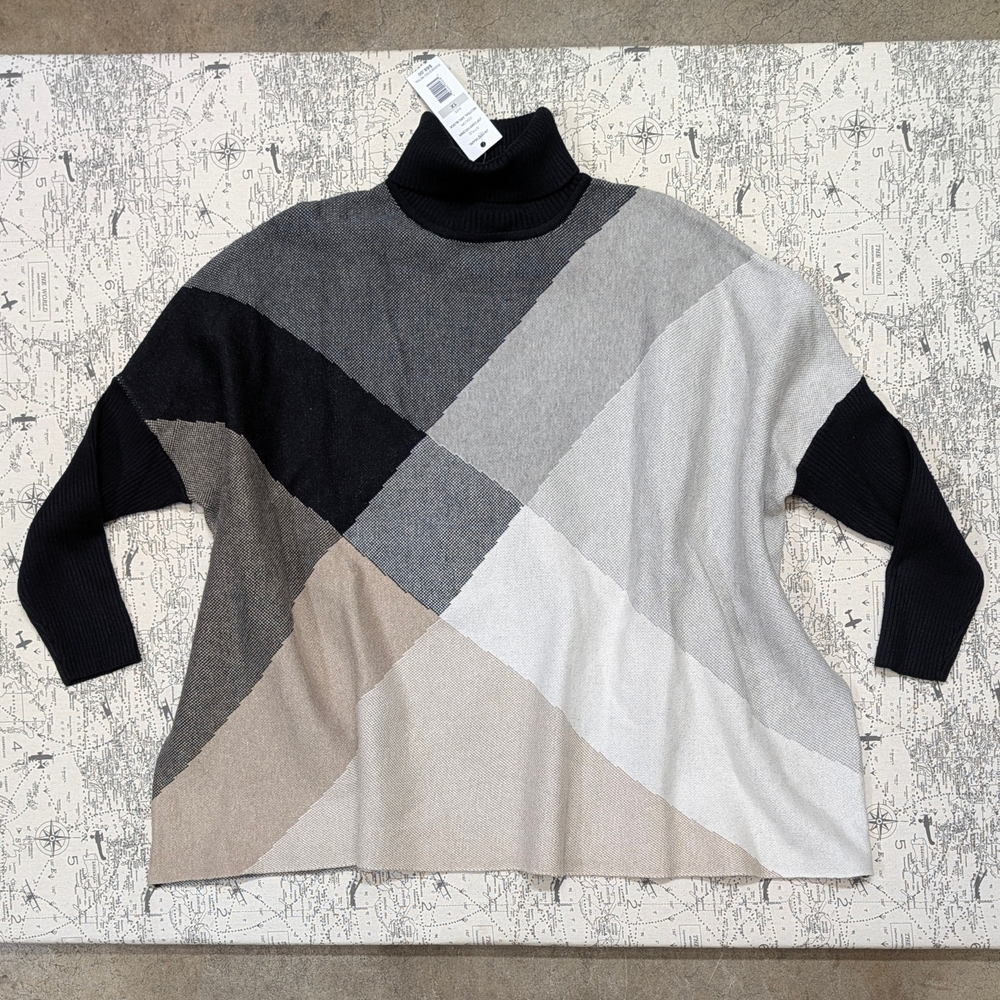 NWT Joseph A. Colorblock Boxy Turtleneck Sweater Black, Gray, & Cream Size 1X